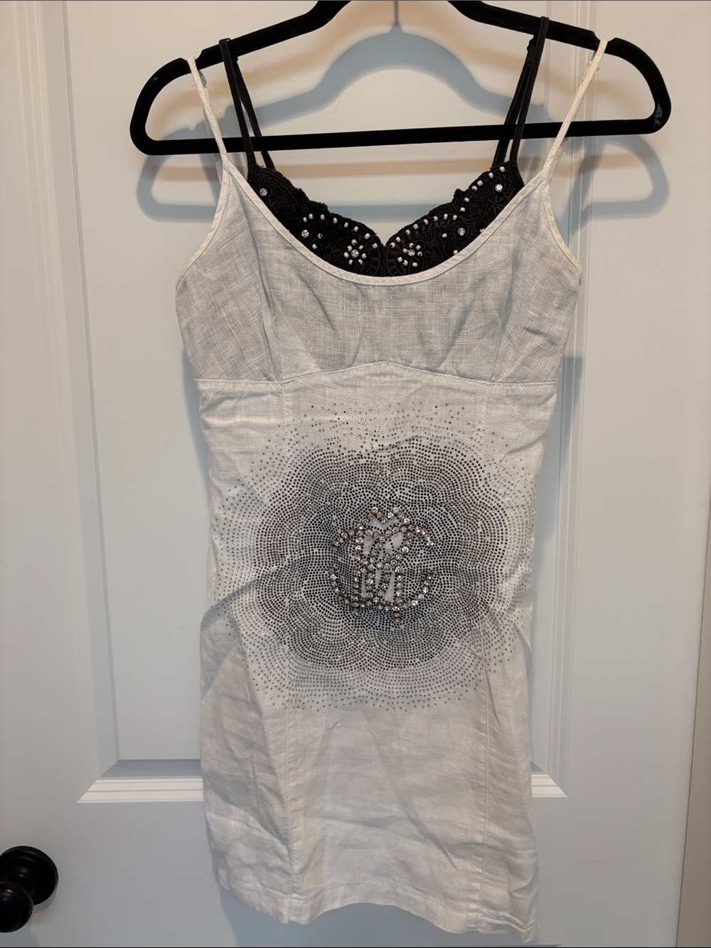Roberto Cavalli White Mini Dress with Black Lace Trim and Center Crystal Motif